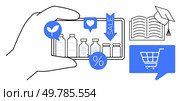 Smartphone screen showing product bottles with sale icons, academic cap, open book, and shopping cart. Ideal for e-commerce, mobile shopping, sales promotion, digital marketing, online education. Hand holding smartphone displaying product bottles with sale icons, education cap, open book, and shopping cart. Стоковая иллюстрация, агентство Ingram Publishing / Фотобанк Лори