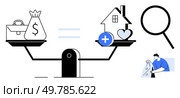 Scales balancing work and money with health and home. Magnifying glass and person using wrench. Ideal for work-life balance, financial stability, home life, health, prioritization, equality, personal. Balancing Work and Personal Life with Health and Home on Scales with Magnifying Glass and Tools. Стоковая иллюстрация, агентство Ingram Publishing / Фотобанк Лори