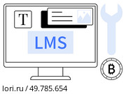 Computer monitor displaying LMS features, text, image, and customization tool icons, Bitcoin symbol, blue wrench. Ideal for online education, e-learning, cryptocurrency, technology tools, digital. E-learning Platform Interface with Integrated Cryptocurrency and Customization Tools. Стоковая иллюстрация, агентство Ingram Publishing / Фотобанк Лори