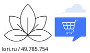 Shopping cart icon in blue speech bubble beside black outline of a leaf flower design. Ideal for online shopping, digital marketing, eco-friendly products, holistic commerce, nature in technology. E-commerce Shopping Cart and Abstract Flower Leaf Symbol Merge Digital Commerce and Nature. Стоковая иллюстрация, агентство Ingram Publishing / Фотобанк Лори