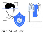 Face recognition scan aligned with shield icon showcasing tick for security beside clothing rack with apparel. Ideal for retail, cybersecurity, fashion tech, AI, e-commerce, privacy, identity. Facial Recognition and Security Shield Beside Clothing Rack Filled with Various Apparel Items. Стоковая иллюстрация, агентство Ingram Publishing / Фотобанк Лори