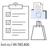 Checklist with ticked items on clipboard, document with arrows in a folder, and an empty shopping bag. Ideal for productivity, organization, task management, office workflow, document handling. Checklist on a clipboard, document in a replenishment folder, and a shopping bag outline. Стоковая иллюстрация, агентство Ingram Publishing / Фотобанк Лори
