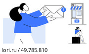Woman receiving an email notification with three unread messages, online shopping storefront with striped awning, woman seated reading on her phone. Ideal for communication, e-commerce, social media. Woman Receiving Email Notification with Three Emails Next to Online Shopping Storefront and Seated Woman. Стоковая иллюстрация, агентство Ingram Publishing / Фотобанк Лори