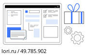Project management dashboard with task checklists and notes on tablet screen, gift box wrapped with ribbon, gear icons representing tools and settings. Ideal for productivity, organization, business. Project management dashboard on tablet with task checklists and blue gift box on the side. Стоковая иллюстрация, агентство Ingram Publishing / Фотобанк Лори