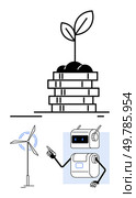 Robot pointing at wind turbine, stack of coins with sprouting plant. Ideal for renewable energy, technology, automation, growth, sustainability, economic development, eco-friendly practices. Line. Sustainable Technology Robotic Automation, Renewable Energy, and Growth. Стоковая иллюстрация, агентство Ingram Publishing / Фотобанк Лори