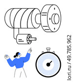 Female engineer pointing a mechanical part and a timer represent innovation, precision, engineering, technology, time management, and expertise. Ideal for engineering, technology, education. Engineer Concept with Woman Pointing, Mechanical Part, and Timer Indicating Precision and Innovation. Стоковая иллюстрация, агентство Ingram Publishing / Фотобанк Лори
