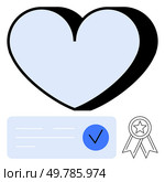 Heart shape with checkmark on document and award ribbon representing approval, certification, and trust. Ideal for quality assurance, safety, endorsement, authentication, customer satisfaction. Heart Shape with Checkmark on Document and Award Ribbon Representing Approval, Certification, and Trust. Стоковая иллюстрация, агентство Ingram Publishing / Фотобанк Лори