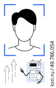 Human head silhouette inside recognition frame upward arrows, robot pointing. Ideal for AI, tech, automation, innovation, growth, progress, digital transformation. Line metaphor. AI Facial Recognition with Robot Assistant, Growth Arrows, and Blue Accents. Стоковая иллюстрация, агентство Ingram Publishing / Фотобанк Лори