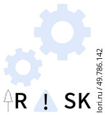 Two lightly colored cogs rotate above the word RISK with a warning symbol. Ideal for risk management, safety guidelines, industrial design, environmental awareness, engineering, process optimization. Cogs and Tree Illustration Highlighting Risk Awareness with Warning Signs. Стоковая иллюстрация, агентство Ingram Publishing / Фотобанк Лори