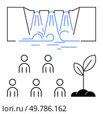 Waterfall representing resources, group of people symbolizing community, young plant illustrating growth. Ideal for teamwork, sustainability, nature, community initiative, environmental care, growth. Community Growth and Development through Collaborative Efforts with Natural Resource Symbolism. Стоковая иллюстрация, агентство Ingram Publishing / Фотобанк Лори