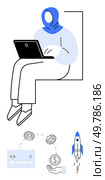 Woman in hijab uses laptop while seated. Icons of credit card, coins, hand, and rocket launching depict financial growth. Ideal for business, finance, technology, e-commerce startup diversity. Woman in hijab working on laptop with startup and financial growth symbols. Стоковая иллюстрация, агентство Ingram Publishing / Фотобанк Лори