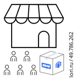 Storefront with awning five customers, and a delivery box labeled Shop. Ideal for e-commerce, online retail, customer service, home delivery, logistics, shopping, digital marketplace. Line metaphor. Online Shopping and Home Delivery Concept with Storefront, Package, and Customers. Стоковая иллюстрация, агентство Ingram Publishing / Фотобанк Лори
