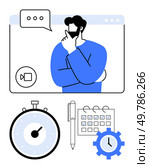 Man thinking in video call window stopwatch checklist pen blue gear. Ideal for productivity, time management, planning, remote work, technology, organization, teamwork. Line metaphor. Remote Work Concept with Video Call, Planning, Timing, and Task Management Elements. Стоковая иллюстрация, агентство Ingram Publishing / Фотобанк Лори