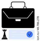 Black briefcase, chess rook piece, and document with checkmark symbol. Ideal for business planning, strategy sessions, career growth, corporate success, professional development, organizational. Black Briefcase with Chess Rook and Document for Strategic Business Planning and Success. Стоковая иллюстрация, агентство Ingram Publishing / Фотобанк Лори