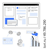 Layout of a web, v07 interface, payment card transferring coins into a hand, man pointing at search bar. Ideal for finance, web, v07 development, user interface design, online transactions, financial. Web Interface with User Interaction Icons Illustrating Finance, Growth, and Navigation Components. Стоковая иллюстрация, агентство Ingram Publishing / Фотобанк Лори