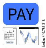 Pay button in blue, monthly subscription calendar page with subscribe button, financial chart with candlestick patterns. Ideal for finance, subscriptions, payments, fintech, e-commerce, budgeting. Online Payment Concept with Monthly Subscription, Financial Chart, and Pay Button Emphasis. Стоковая иллюстрация, агентство Ingram Publishing / Фотобанк Лори