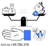 Scales balance money and a house with health and heart. Hand open in acceptance. Online teacher at computer. Ideal for financial wellness, health balance, work-life harmony, education. Balancing Wealth and Well-being Money, Health, and Home Equilibrium Visualized. Стоковая иллюстрация, агентство Ingram Publishing / Фотобанк Лори