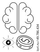 Brain in center with eye and coin underneath. Eye symbolizes vision, and coin represents financial gain. Ideal for business strategy, innovation, finance, entrepreneurship, vision, success. Brain with Eye and Money Coin Representing Ideas, Vision, and Financial Success. Стоковая иллюстрация, агентство Ingram Publishing / Фотобанк Лори