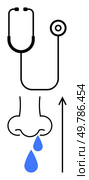 Stethoscope connected to a dripping nose with ascending arrow. Ideal for health, diagnosis, cold, allergy, symptoms, medicine, wellness awareness. Line metaphor. Stethoscope and Nose Medical Concept of Diagnosing Common Colds and Allergies. Стоковая иллюстрация, агентство Ingram Publishing / Фотобанк Лори