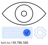 Eye with central circle, rectangular text box with check mark, and gear icon. Ideal for vision, verification, settings, security, user interface technology accessibility themes. Line metaphor. Eye with Circular Elements Over Text Box and Gear for Vision, Verification, and Settings Concept. Стоковая иллюстрация, агентство Ingram Publishing / Фотобанк Лори
