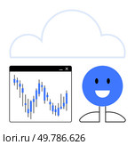 Cloud outline above, a cheerful blue stick figure, and a stock market graph with fluctuating blue and black lines. Ideal for cloud computing, finance, stock market, data analysis, technology. Cloud Computing Representation with Smiling Figure and Stock Market Analysis Graph. Стоковая иллюстрация, агентство Ingram Publishing / Фотобанк Лори