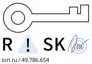 Large key icon, highlighted caution triangle, word RISK with signature mark. Ideal for security, risk management, safety protocols, decision-making, cautionary advice, business strategies protective. Key Outline with Safety Warning Symbol Highlighting Concept of Risk Management and Caution. Стоковая иллюстрация, агентство Ingram Publishing / Фотобанк Лори
