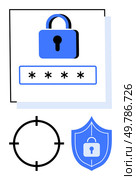 Secure padlock icon, password entry showing asterisks, target symbol, and shield with padlock. Ideal for digital security, password management, cybersecurity awareness, data protection, online. Secure Lock, Password Protection, Targeting, and Shield Representing Cybersecurity Elements. Стоковая иллюстрация, агентство Ingram Publishing / Фотобанк Лори