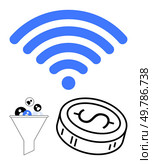 Blue wireless signal above a funnel and coin with dollar sign representing data filtering and monetization. Ideal for technology, internet, wireless communication, data processing, business financial. Wireless Network Concept with Funnel and Coin Representing Data Monetization and Connectivity. Стоковая иллюстрация, агентство Ingram Publishing / Фотобанк Лори