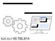 Gears next to a computer screen showing a user interface with various elements and windows. Ideal for technology, IT, software development, web, v09 design, user experience, digital tools, and automation. Digital gear wheels and computer screen with software interface. Стоковая иллюстрация, агентство Ingram Publishing / Фотобанк Лори