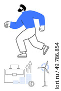 Businessman in motion with blue shirt, accompanied by briefcase, rising graph, coin stack, and wind turbine. Ideal for business growth, finance, environmental sustainability, startups investments. Dynamic Businessman Running with Briefcase, Graphs, and Wind Turbine Elements. Стоковая иллюстрация, агентство Ingram Publishing / Фотобанк Лори