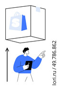 Person holds tablet, points to floating shopping bag in cube, arrow indicates digital growth. Ideal for e-commerce, innovation, technology, online shopping, digital marketing, modern solutions. Empowering Online Retail with Technology and Innovation in E-commerce Solutions. Стоковая иллюстрация, агентство Ingram Publishing / Фотобанк Лори