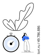 Leaf stopwatch and contemplative woman. Ideal for time management, decision making, efficiency, strategic thinking, nature, contemplation, and planning. Line metaphor. Woman Pondering, Stopwatch, and Leaf Representing Time Management and Decision Making. Стоковая иллюстрация, агентство Ingram Publishing / Фотобанк Лори