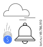 Cloud, falling coins with dollar signs, notification bell. Ideal for cloud services, financial alerts, notifications, online transactions, fintech savings investments. Line metaphor. Cloud Storage Notification with Coin Drop Signifying Financial Alerts and Updates. Стоковая иллюстрация, агентство Ingram Publishing / Фотобанк Лори