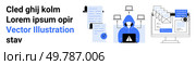 Hacker in hooded jacket with laptop, networked computers, email phishing icons, and staring eye on monitor. Ideal for cybersecurity, data protection, network security, hacking prevention, email. Data Security with Hacker, Computer Network, Email Phishing Detection, and Surveillance. Стоковая иллюстрация, агентство Ingram Publishing / Фотобанк Лори
