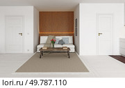 A minimalist living room with a wooden accent wall and soft lighting. 3d rendering. A minimalist living room with a wooden accent wall. Стоковое фото, агентство Ingram Publishing / Фотобанк Лори