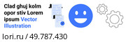 Blue happy face, documents with checkmark, two gears, black and blue text. Ideal for business presentations, tech services, workflow management, user feedback, planning, streamlining processes. Blue happy Face, Documents, Gears with Text Elements for Business and Tech Themes. Стоковая иллюстрация, агентство Ingram Publishing / Фотобанк Лори