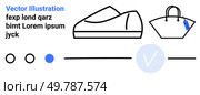 Pair of casual shoes and a handbag, with various UI elements. Ideal for fashion websites, e-commerce, product showcases, design prototypes, clothing apps, minimalist design, retail banners. Landing. Minimalistic Vector Drawing of Casual Shoe and Handbag for Fashion and E-Commerce Websites. Стоковая иллюстрация, агентство Ingram Publishing / Фотобанк Лори