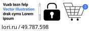 Pen, lock symbol, shopping cart, and message notification icon. Ideal for e-commerce, online security, notifications, payment, writing tools, communication, digital marketing Landing page. Secure Online Shopping with Pen, Lock, Cart, and Message Notification Iconography. Стоковая иллюстрация, агентство Ingram Publishing / Фотобанк Лори
