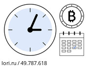 Clock displaying time, Bitcoin symbol representing cryptocurrency, and calendar with marked date. Ideal for cryptocurrency, financial planning, time management, scheduling, organization, meetings. Timing and Scheduling Concepts with Clock, Bitcoin Symbol, and Calendar Elements. Стоковая иллюстрация, агентство Ingram Publishing / Фотобанк Лори