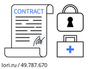 Contract document with signature, security lock, and medical briefcase. Ideal for business agreements, legal security, health services, insurance policies, confidentiality, professional services. Contract Document with Signature, Security Lock, and Medical Briefcase Depicting Professional Agreement. Стоковая иллюстрация, агентство Ingram Publishing / Фотобанк Лори
