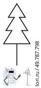 Triangular pine tree thinking robot, wind turbine. Ideal for sustainability, technology, renewable energy, modern, futuristic, minimalism, environmental awareness Line metaphor. Minimalist Pine Tree, Robot in Thought, and Wind Turbine Environmental Technology Fusion. Стоковая иллюстрация, агентство Ingram Publishing / Фотобанк Лори