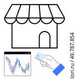 Storefront represents ecommerce. Hand holds credit card near stock market graph window. Ideal for ecommerce, digital payment, online shopping, stock market, financial transactions, business. Online Retail Concept with Storefront, Digital Hand Holding Card, and Stock Market Graph. Стоковая иллюстрация, агентство Ingram Publishing / Фотобанк Лори