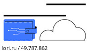 Blue digital wallet connected to a white cloud with circuitry lines. Ideal for fintech, cloud storage, digital transactions, online security, modern banking, data management, and technology. Digital Wallet and Cloud Storage Integration with Simplified Lines Showing Connectivity. Стоковая иллюстрация, агентство Ingram Publishing / Фотобанк Лори