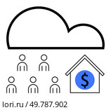 Cloud symbol six users and house with dollar sign. Themes technology, finance, connectivity, digital community, real estate, collaboration, innovation. Ideal for tech startups, online communities. Cloud Computing for Collaborative Economy Linking People and Homes for Financial Growth. Стоковая иллюстрация, агентство Ingram Publishing / Фотобанк Лори