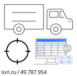 Delivery truck alongside target symbol and computer monitor displaying spreadsheet with calculator icons. Ideal for logistics, delivery services, shipment tracking, supply chain management, business. Delivery Truck with Target Symbol and Spreadsheet on Computer Monitor Indicates Logistics Coordination. Стоковая иллюстрация, агентство Ingram Publishing / Фотобанк Лори