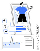 Smartphone with athlete figure progress bars activity icons graph checklist. Ideal for fitness, motivation, analytics, goal-setting, technology, health, progress. Line metaphor. Fitness Tracking and Goal Setting for Enhanced Personal Performance. Стоковая иллюстрация, агентство Ingram Publishing / Фотобанк Лори