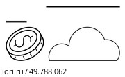 Dollar coin floating near a cloud with two horizontal lines. Ideal for financial concepts, cloud computing, investment, banking, online transactions, economic growth, and digital economy themes. Line. Dollar coin floating above cloud with horizontal lines above and beside them, showcasing a potential economic theme. Стоковая иллюстрация, агентство Ingram Publishing / Фотобанк Лори