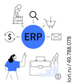 Female figure pointing at ERP surrounded by icons of factory, magnifying glass, shopping cart, email, money, suitcase, and bar chart. Ideal for business management, software solutions manufacturing. Centralized ERP System Connecting Business Operations with Efficiency. Стоковая иллюстрация, агентство Ingram Publishing / Фотобанк Лори