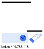Hand holding credit card near document with checkmark. Ideal for payment processes, online transactions, digital verification, e-commerce, banking, financial services, identity confirmation. Line. Hand holding credit card beside document with checkmark indicating successful transaction or verification. Стоковая иллюстрация, агентство Ingram Publishing / Фотобанк Лори