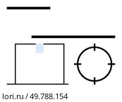 Black horizontal lines, a rectangle with a blue rectangle on top, and a circle with crosshairs. Ideal for mathematics, design concepts, geometry, game design, targeting education abstract art. Line. Geometric Design Featuring Line, Rectangle, and Circle with Target Element. Стоковая иллюстрация, агентство Ingram Publishing / Фотобанк Лори